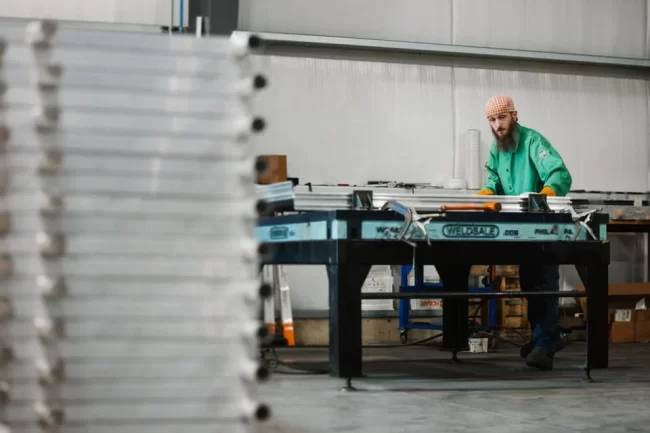 A LIO Mobility technician works on a wheelchair ramp in their shop.