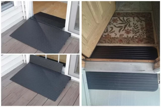 Three various styles of threshold ramps installed on different doors.