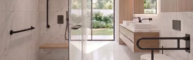 Grab Bars A bathroom with grab bars installed near the toilet and in the shower enclosure for greater safety.