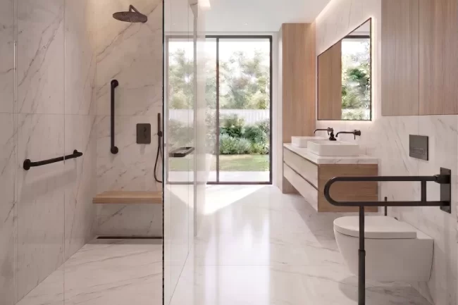 Grab Bars Grab bars installed in the shower enclosure and near the toilet inside a residential bathroom.