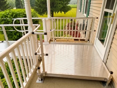 A wheelchair ramp installed at the front door of a home.