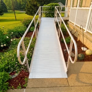 The entrance to a wheelchair ramp installed on a home.