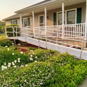 A wheelchair ramp installed on the front of a house.