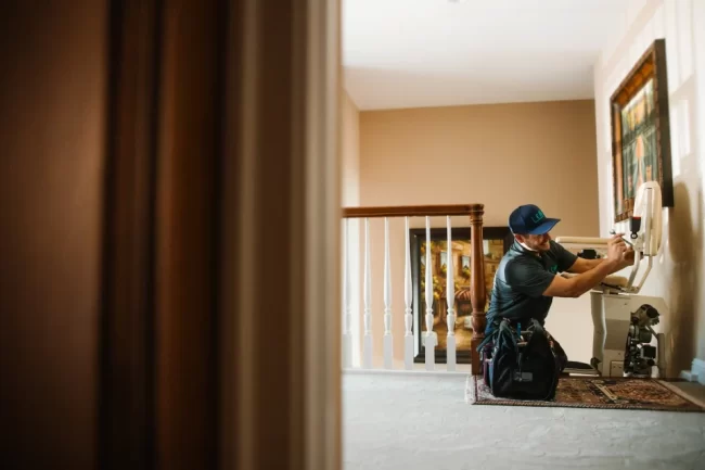 A LIO Mobility service technician works to repair a stairlift.